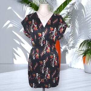 FRENCH CONNECTION Satin Silk Cotton Mini Dress Biker Style Dolman Sleeve V Neck